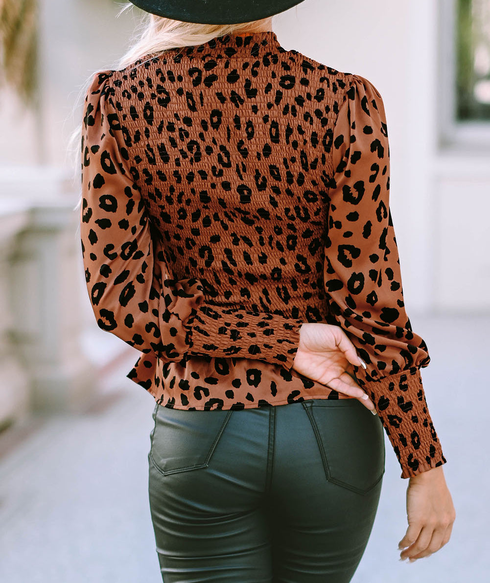 Leopard Smocked Puff Sleeve Peplum Top