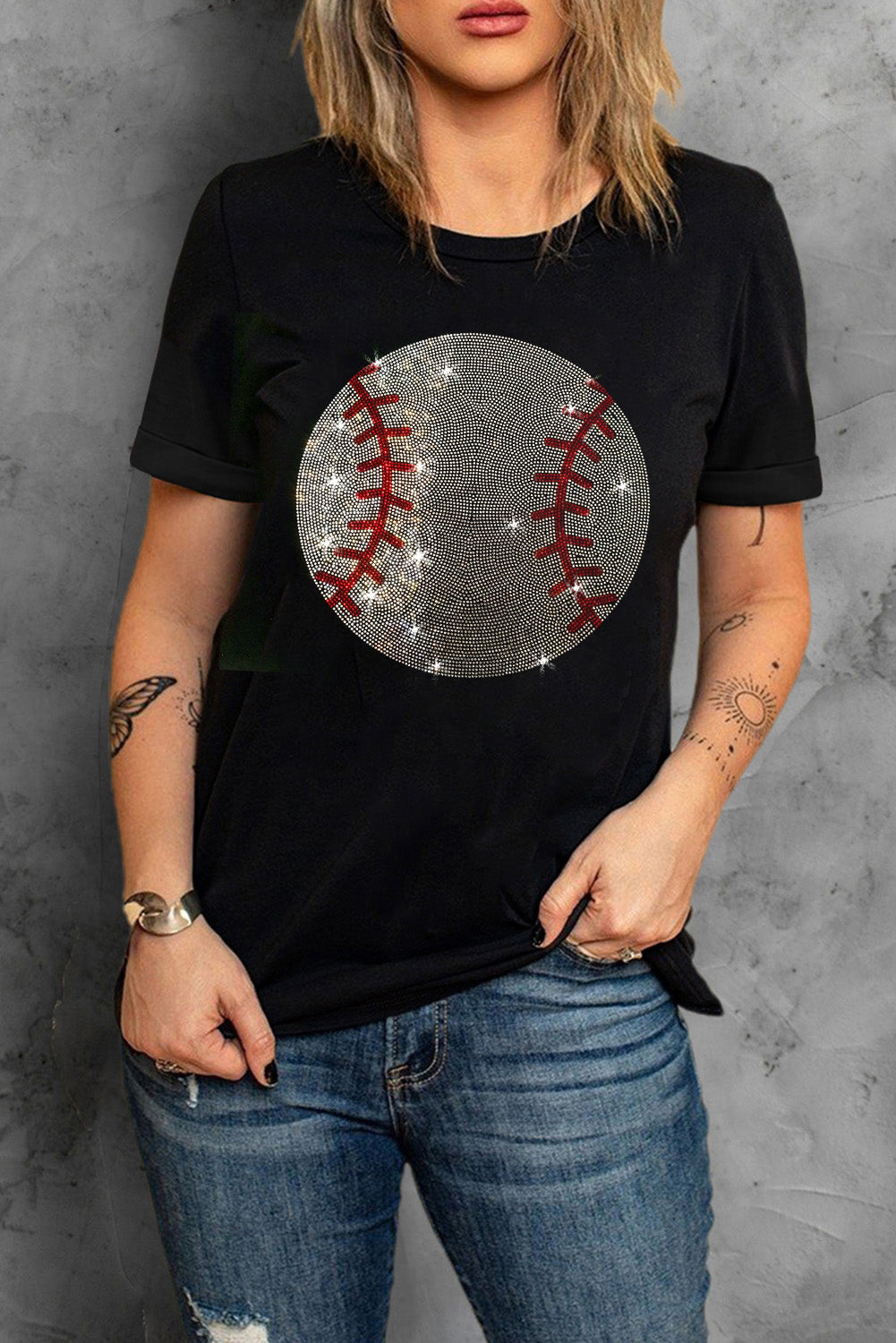 Rhinestone Baseball Pattern Round Neck T Shirt