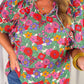 Plus Size Floral Print Ruffle V Neck Bubble Sleeve Blouse