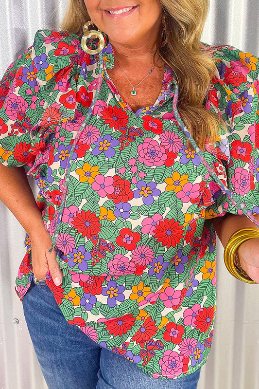 Plus Size Floral Print Ruffle V Neck Bubble Sleeve Blouse