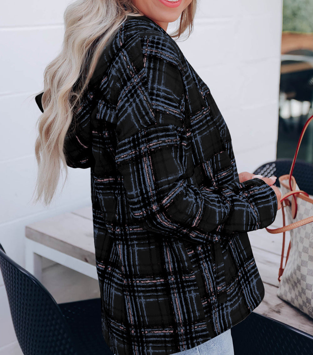 Plaid Button Neck Pocketed Pullover Hoodie