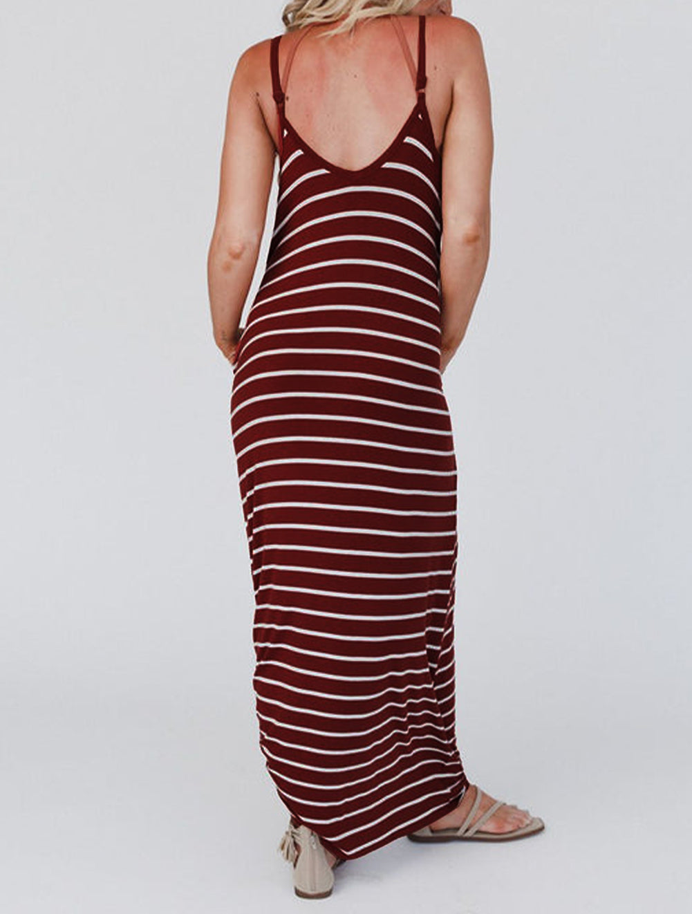 Stripe Side Pockets Spaghetti Straps Maxi Dress