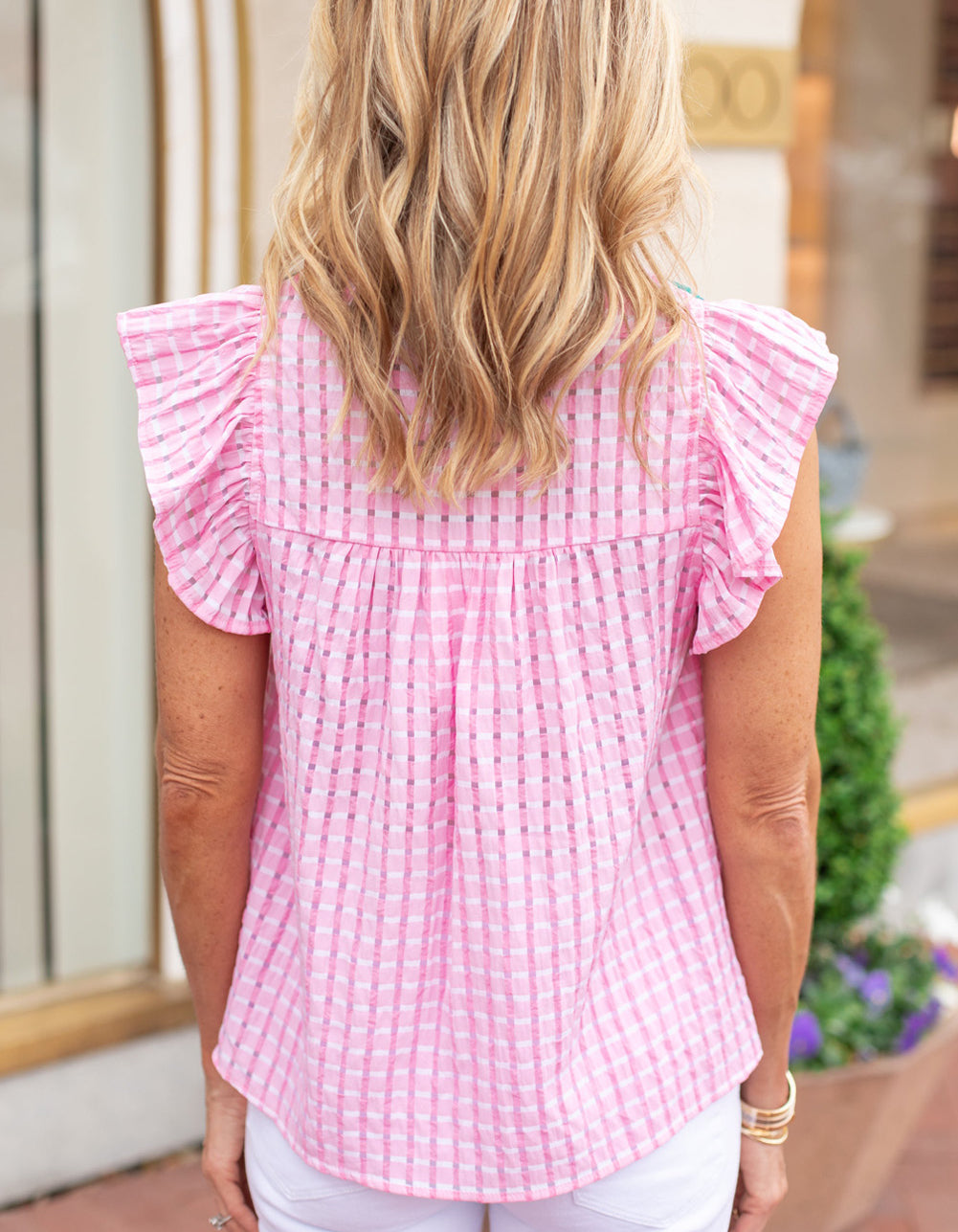 Embroidered Check Ruffle Flutter Sleeves Blouse