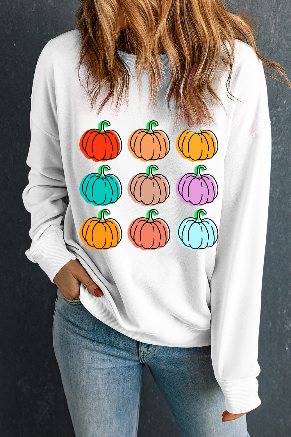 Vibrant Pumpkins Print Crew Neck Halloween Sweatshirt