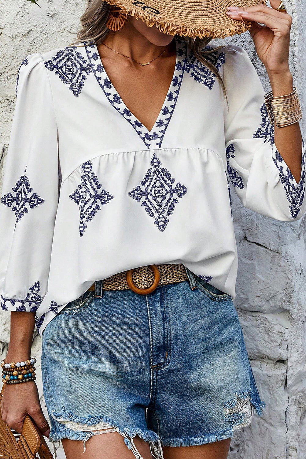 Boho Geometric Print Bracelet Sleeve V Neck Blouse