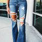 High Waist Distressed Cutout Flare Leg Jeans