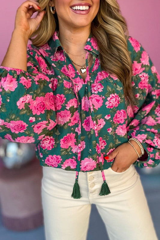 Floral Printed Tied Collar Puff Sleeve Blouse