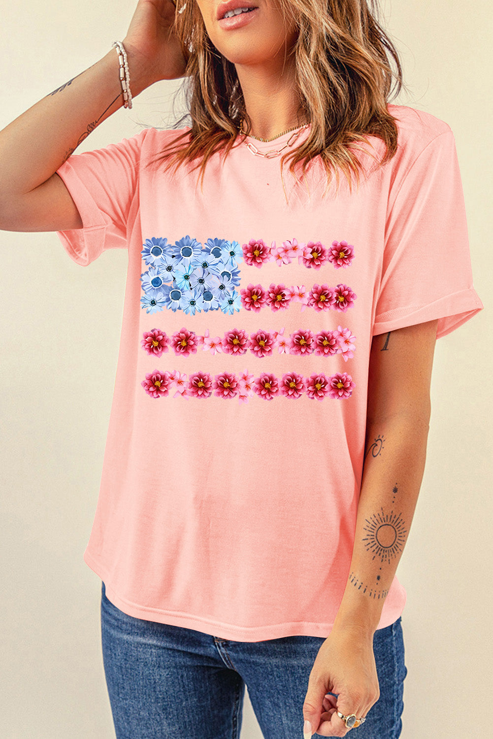 Floral Printed Crew Neck Flag Day T Shirt