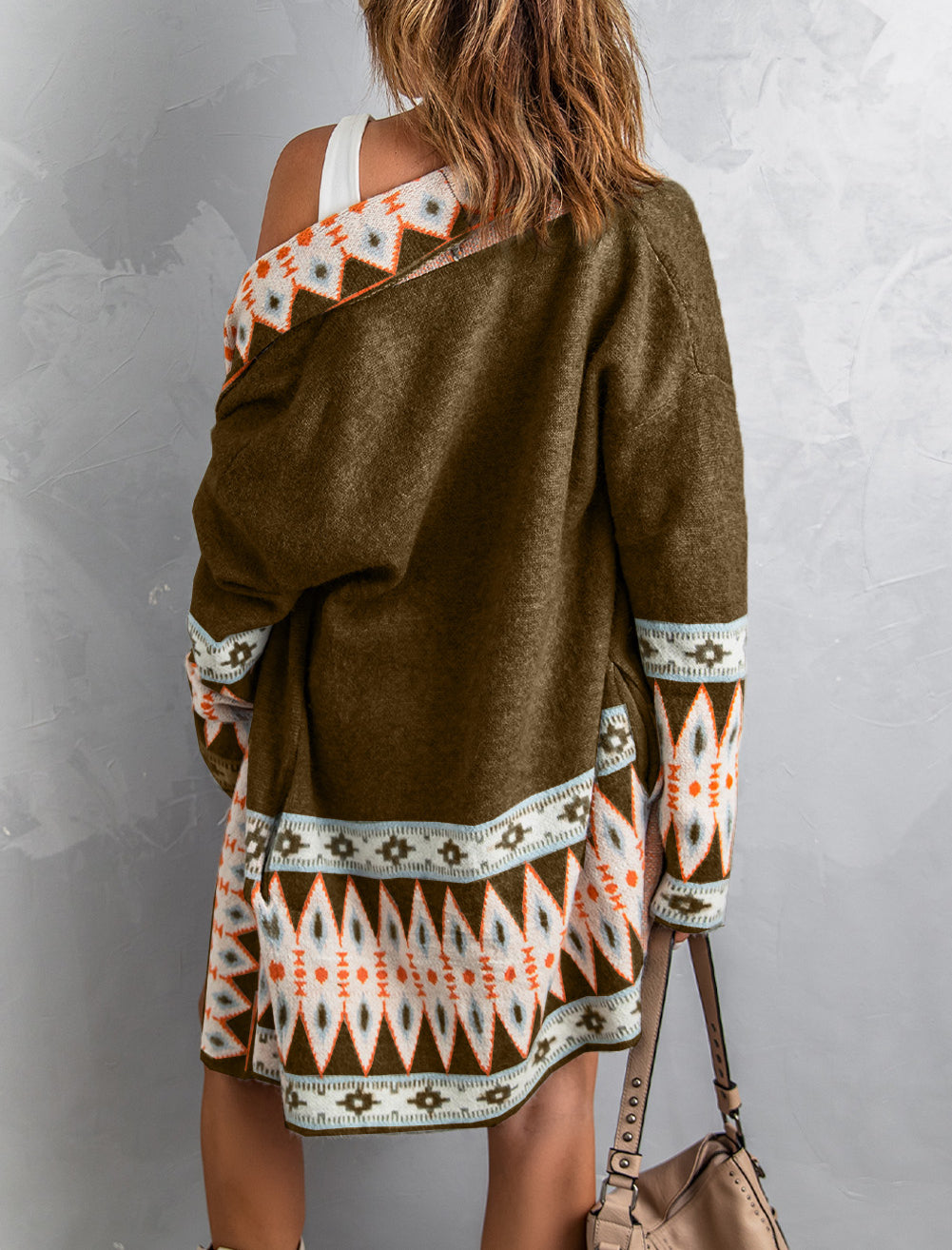 Aztec Print Open Front Knitted Cardigan