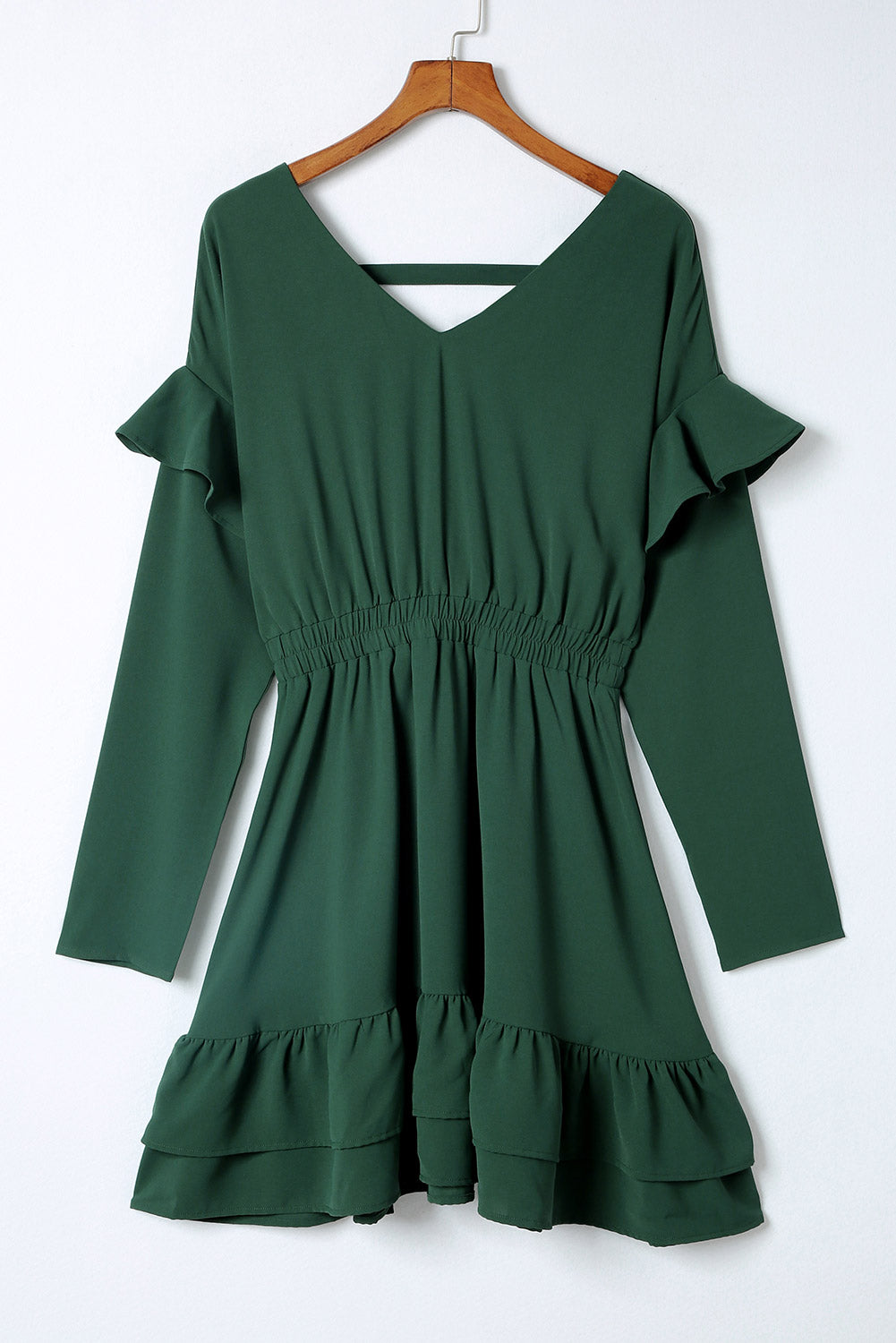 Solid Color Ruffled V Neck High Waist Mini Dress