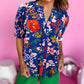 Floral Printed Split V Neck Puff Sleeve Blouse