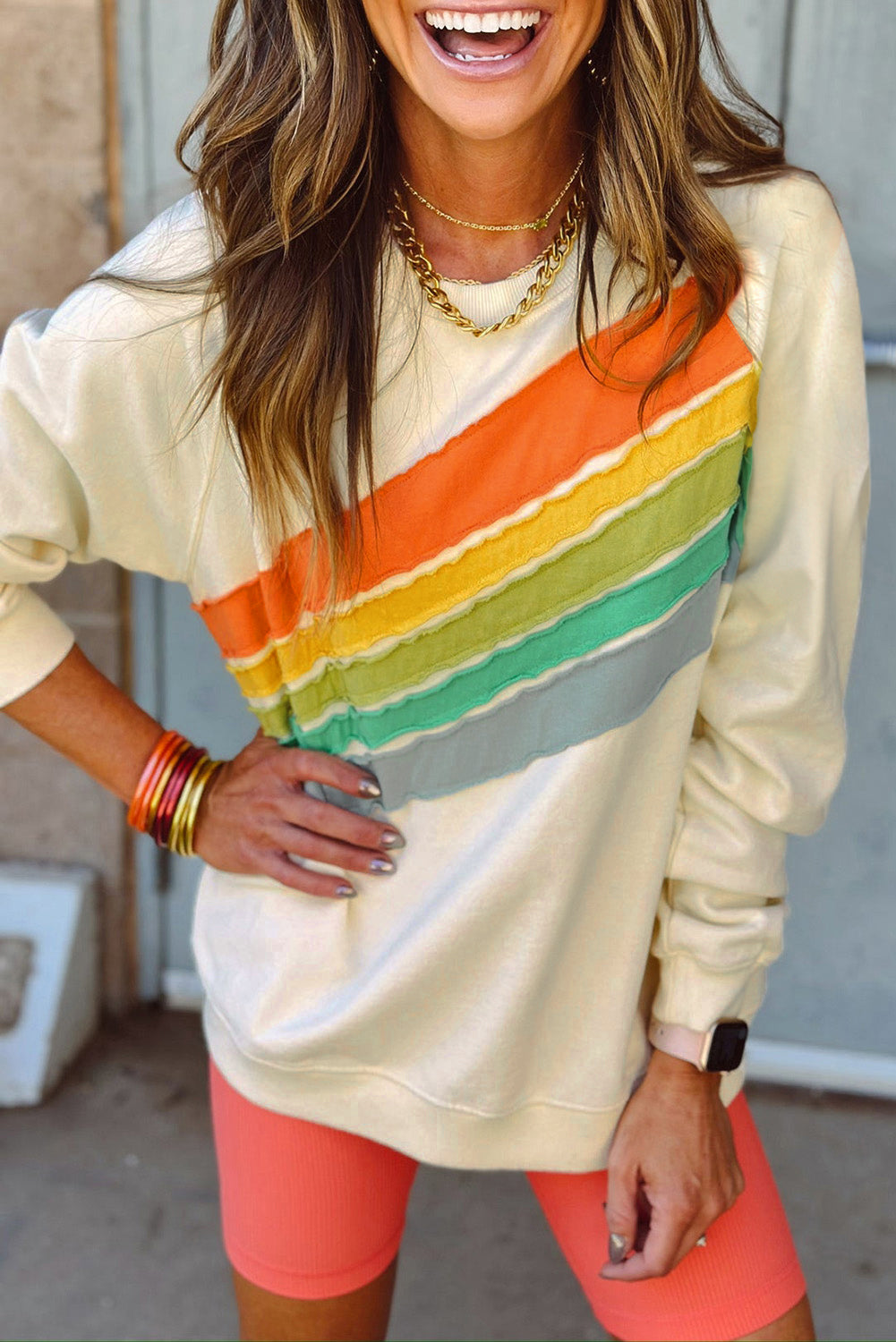 Rainbow Colorblock Striped Pullover Sweatshirt