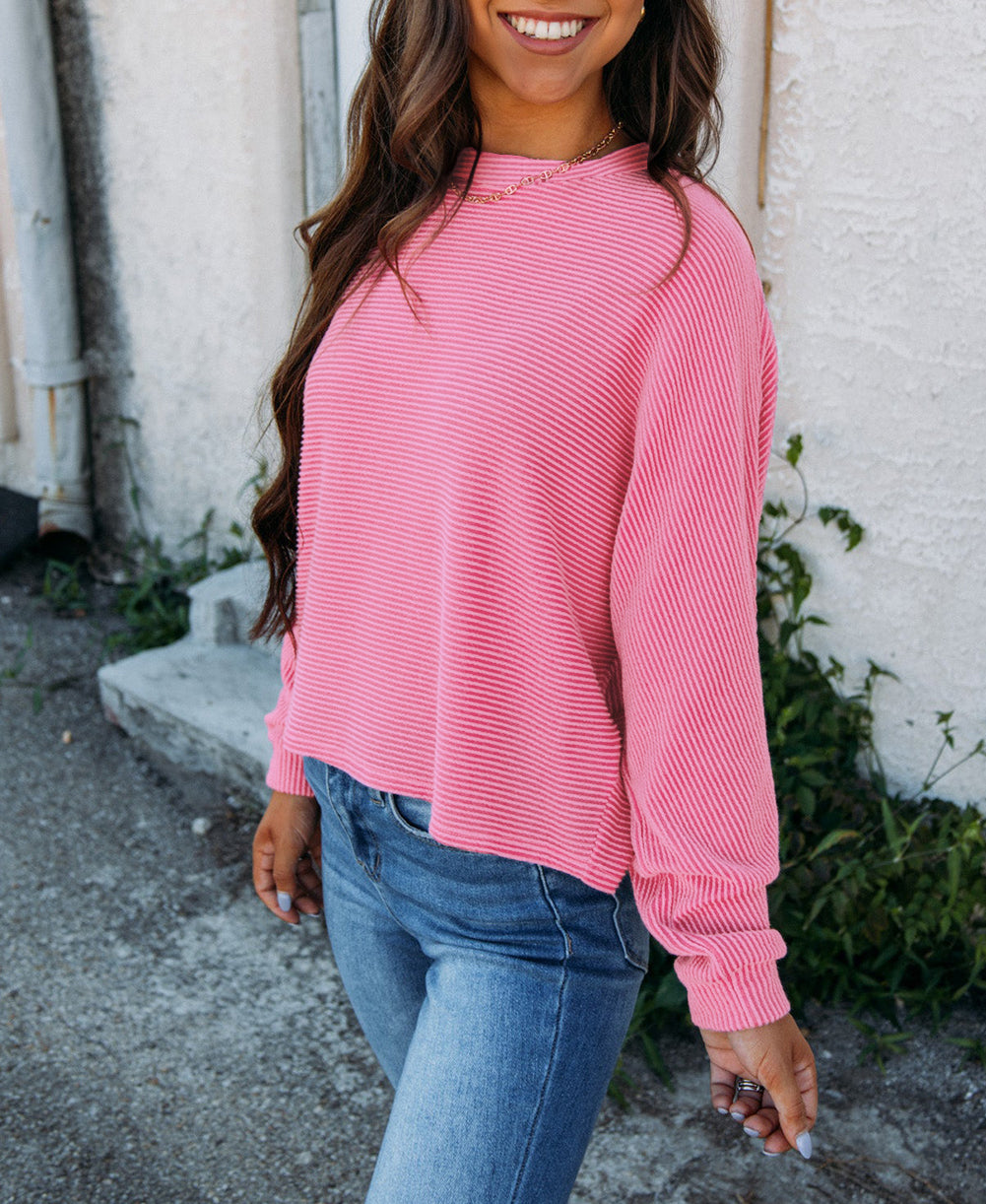 Solid Color Corded Textured Long Sleeve Top