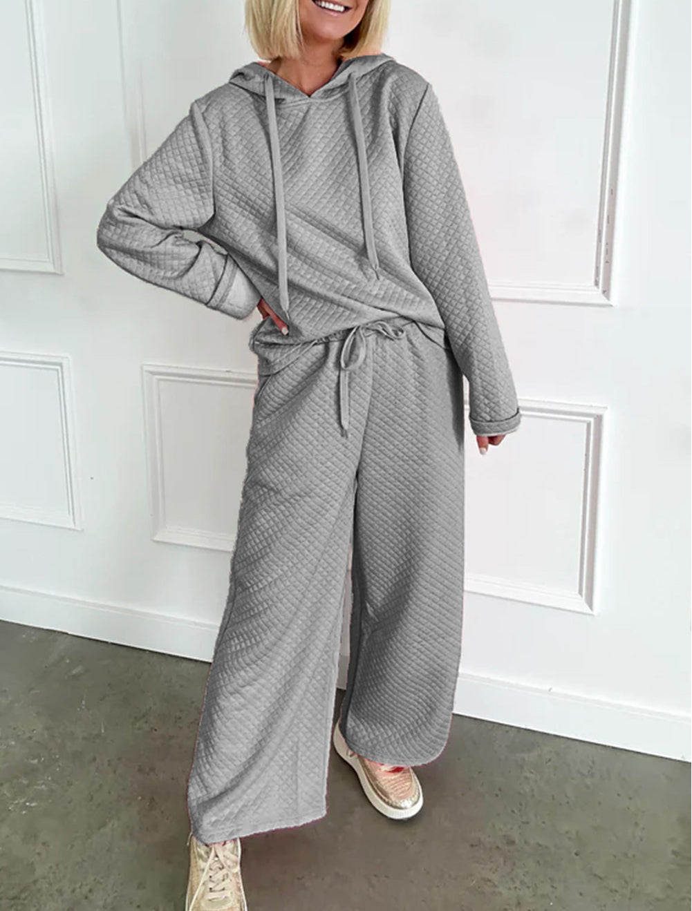 Solid Color Drawstring Hoodie and Wide Leg Pants Set