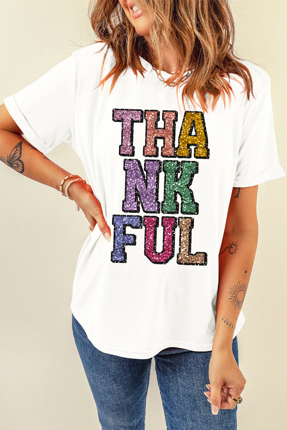 Heat-transfer Printed THANKFUL Letter Graphic T Shirt