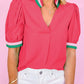 Colorful Trim V Neck Short Sleeve Blouse