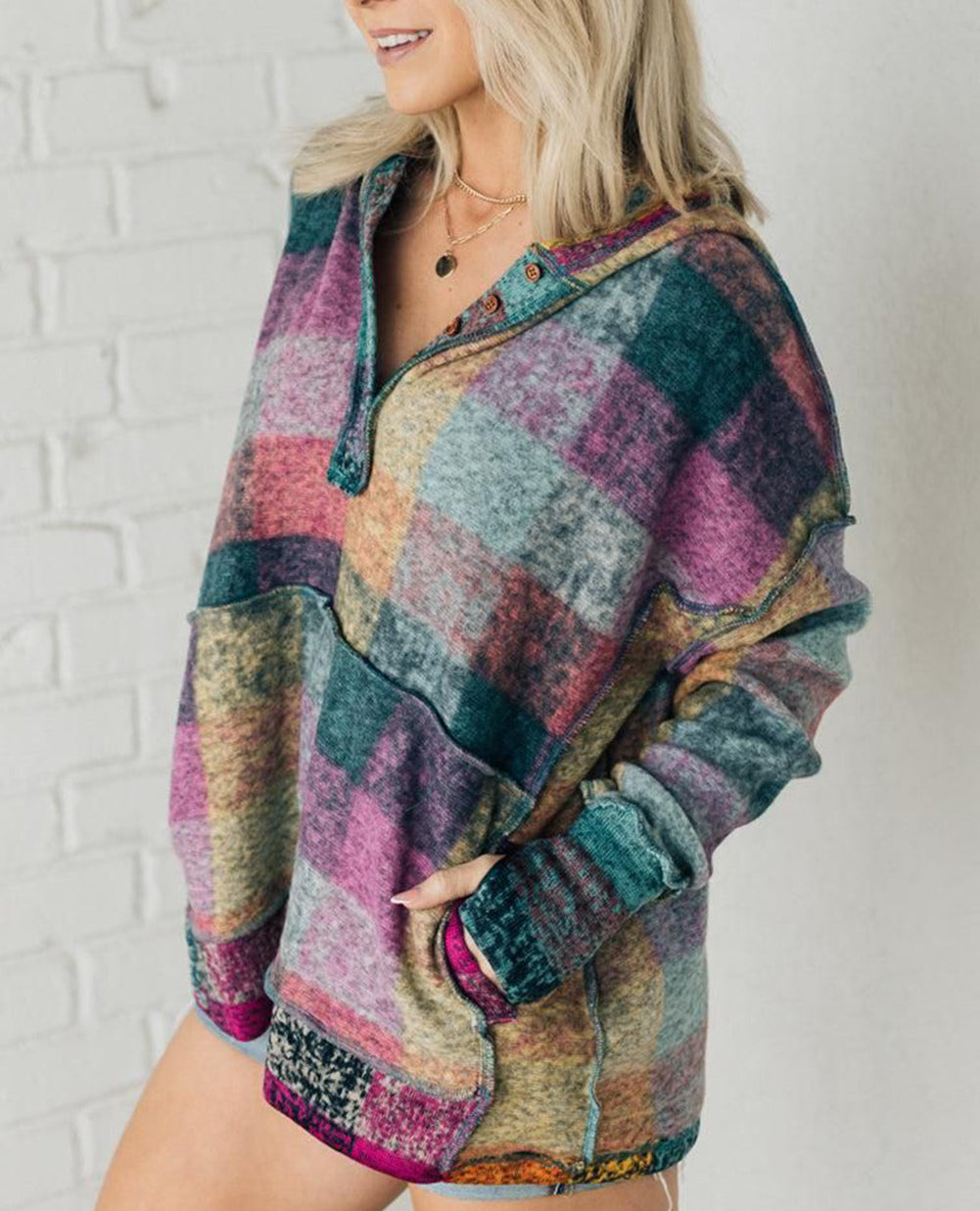 Brushed Plaid Buttoned Pullover Oversized Hoodie