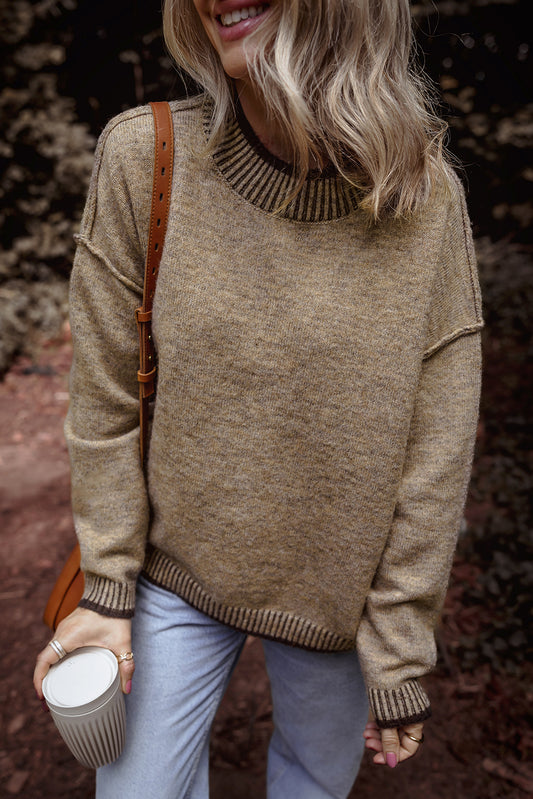 Contrast Trim Mock Neck Drop Shoulder Sweater