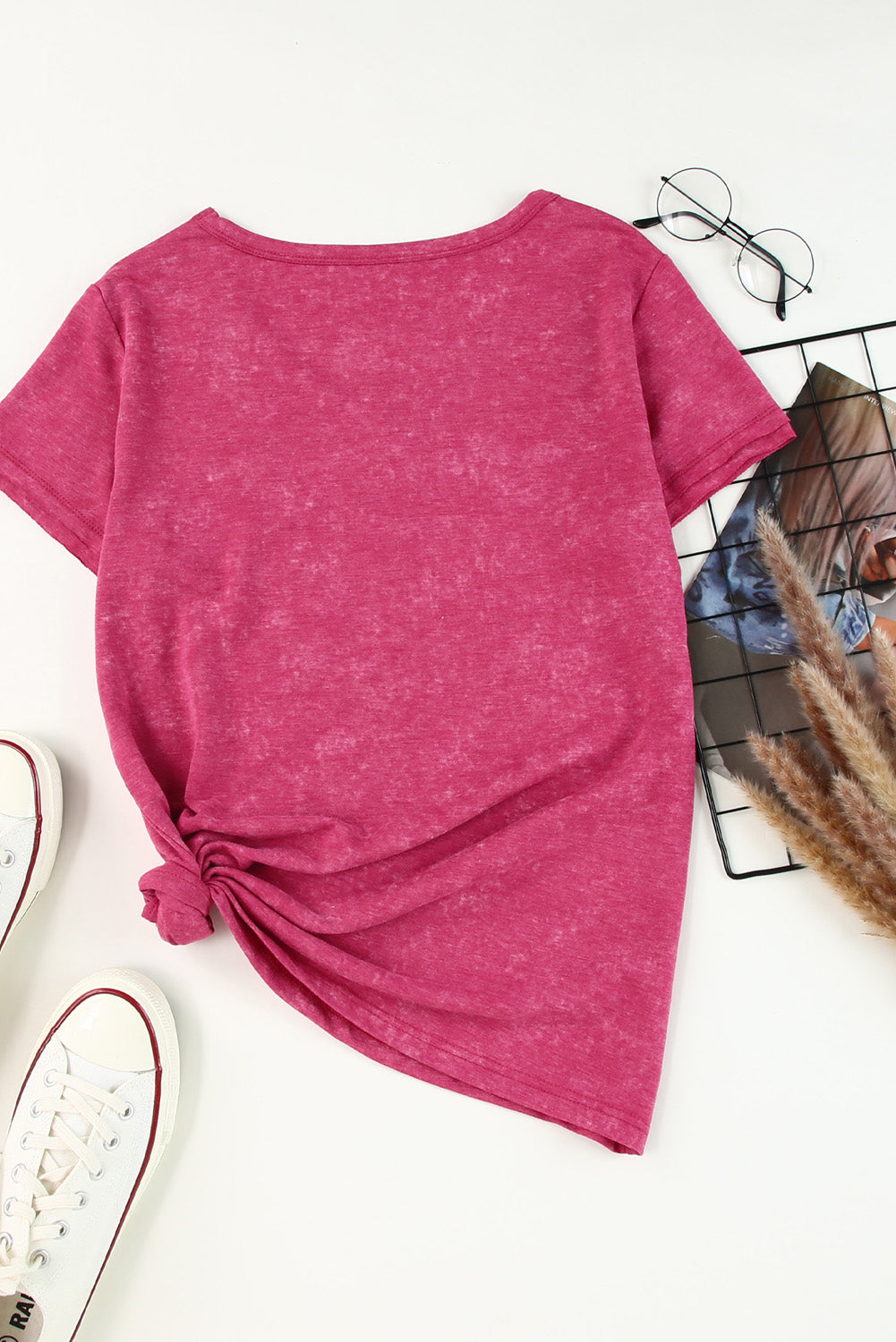 Bow Shape Mineral Wash V Neck T Shirt