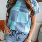 Checkered Color Block Crew Neck Short Sleeve Sweater