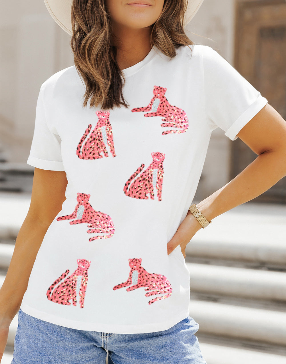 Sequined Cheetah Print Round Neck Graphic Tee