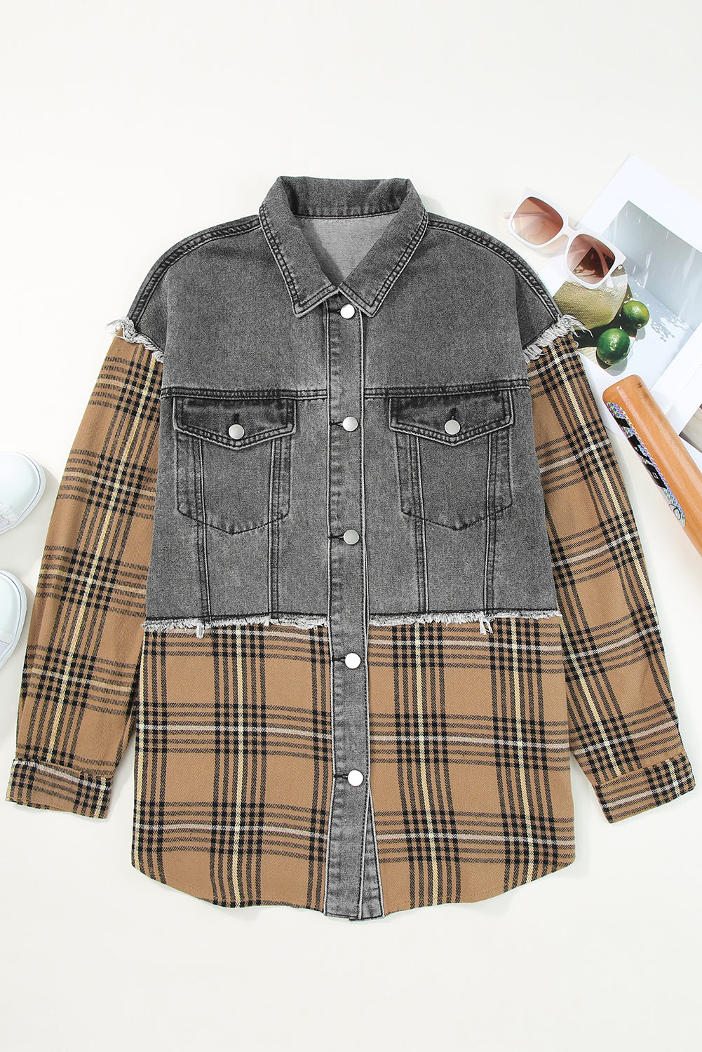 Plaid Patch Distressed Flap Pocket Denim Shacket