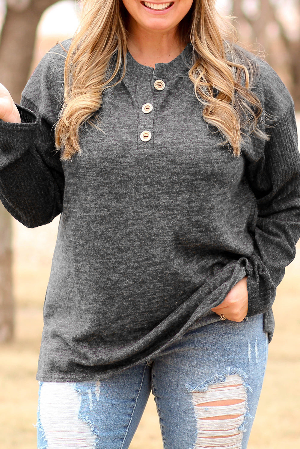Plus Size Ribbed Long Sleeve Henley Top