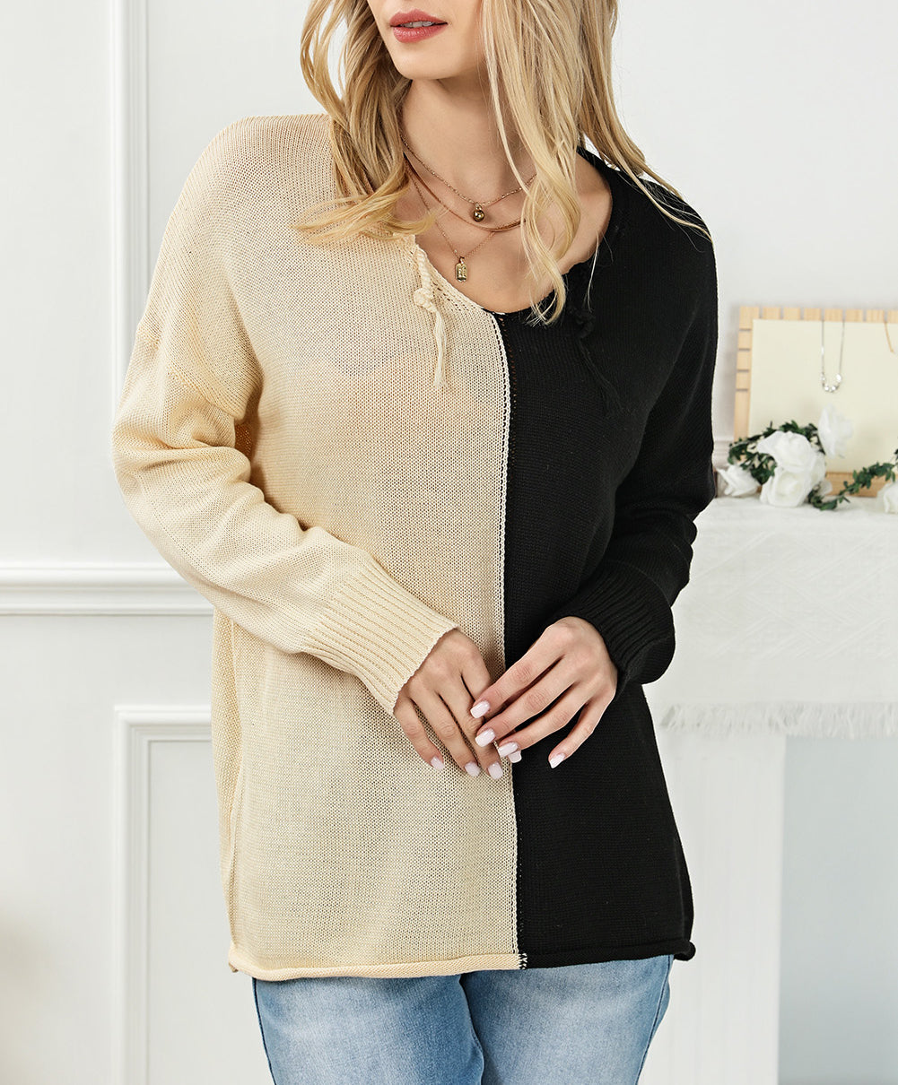 Khaki 2-tone Color Block Raw Edge V Neck Sweater