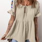 Crinkle Embroidered Patched Bubble Sleeve Tied Neck Blouse