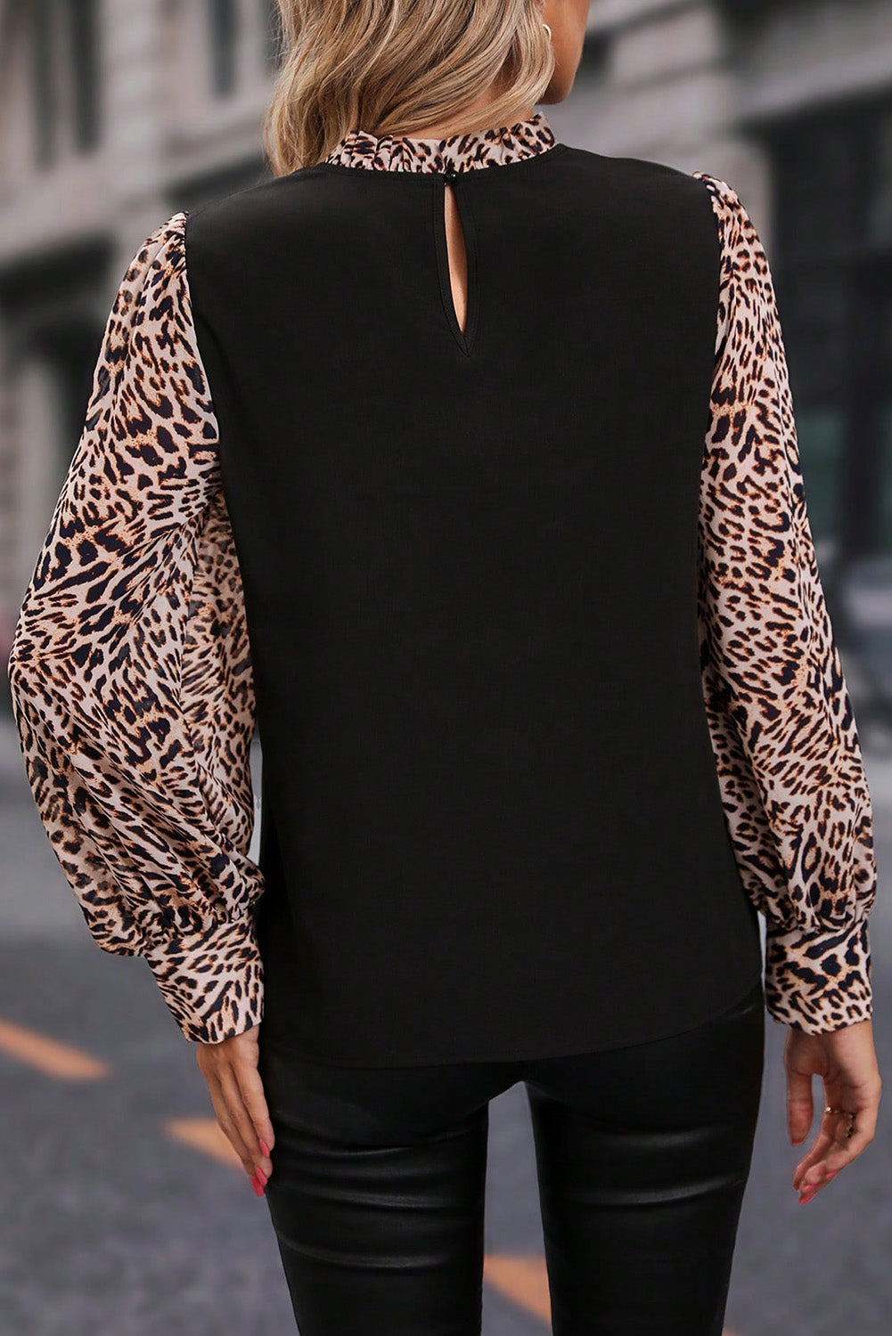 Contrast Leopard Print Lantern Sleeve Blouse