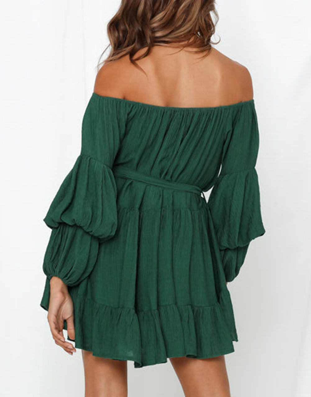 Off-Shoulder Tiered Bubble Sleeve Ruffled Dress