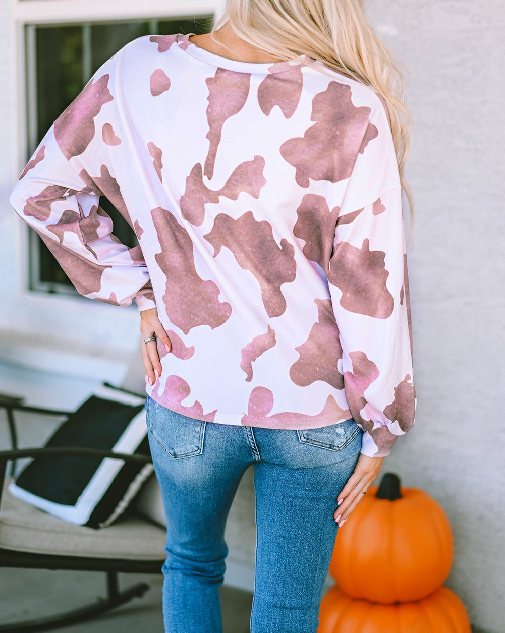 Cow Spots Print Drop Shoulder Puff Sleeve Sweatshirt