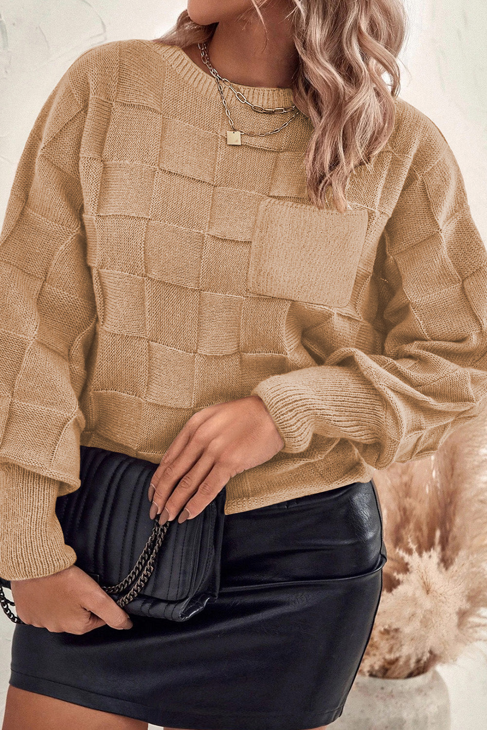 Solid Checkered Textured Knit Plus Size Sweater