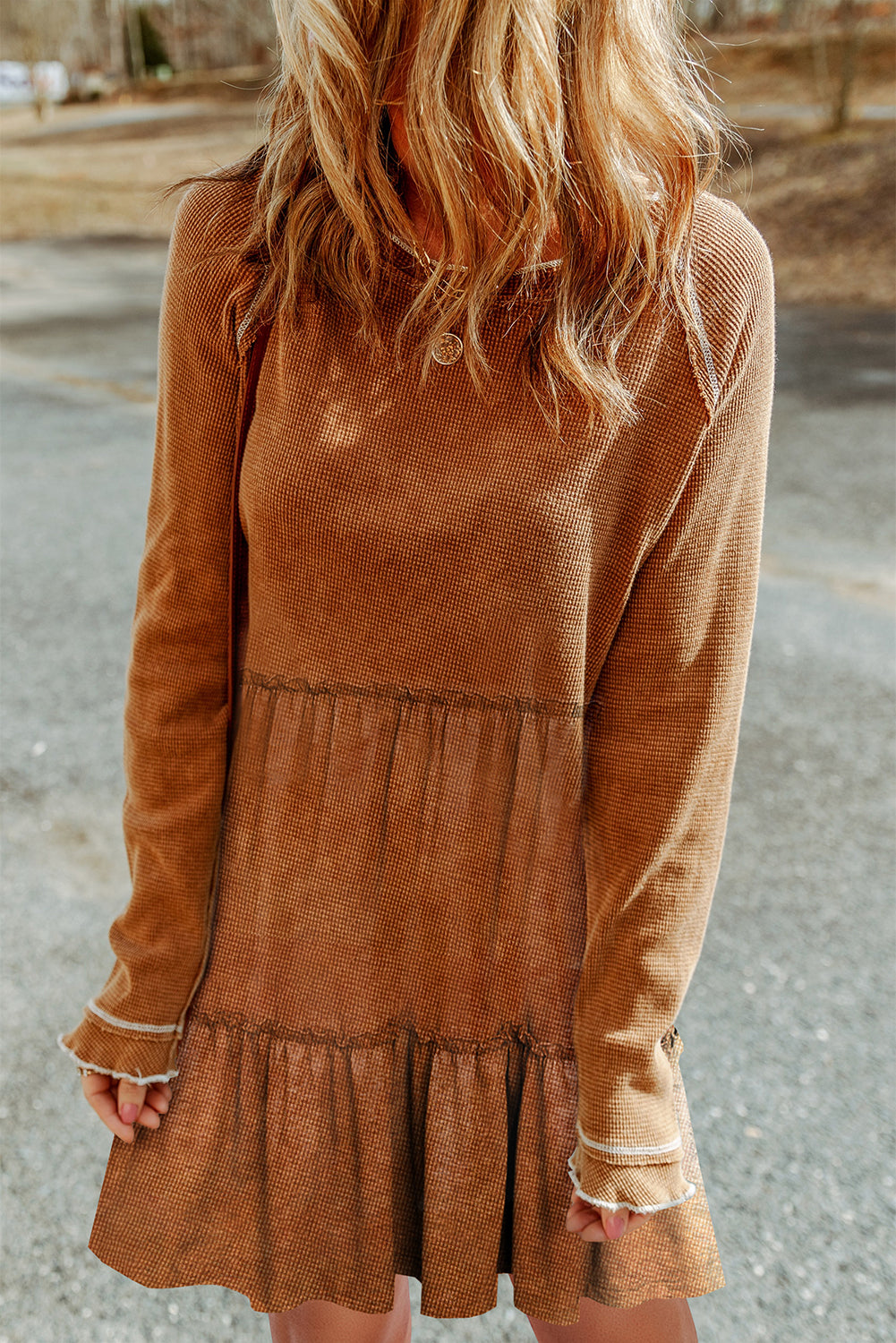 Textured Tiered Ruffled Long Sleeve Mini Dress