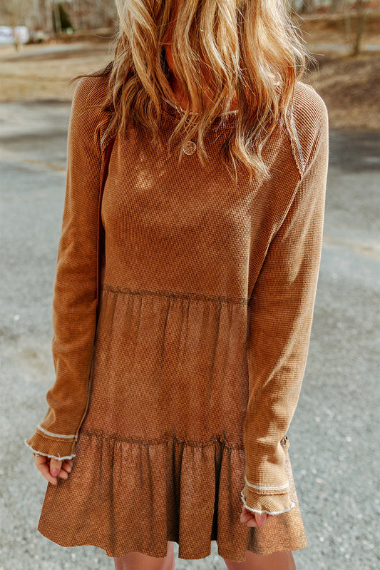 Textured Tiered Ruffled Long Sleeve Mini Dress