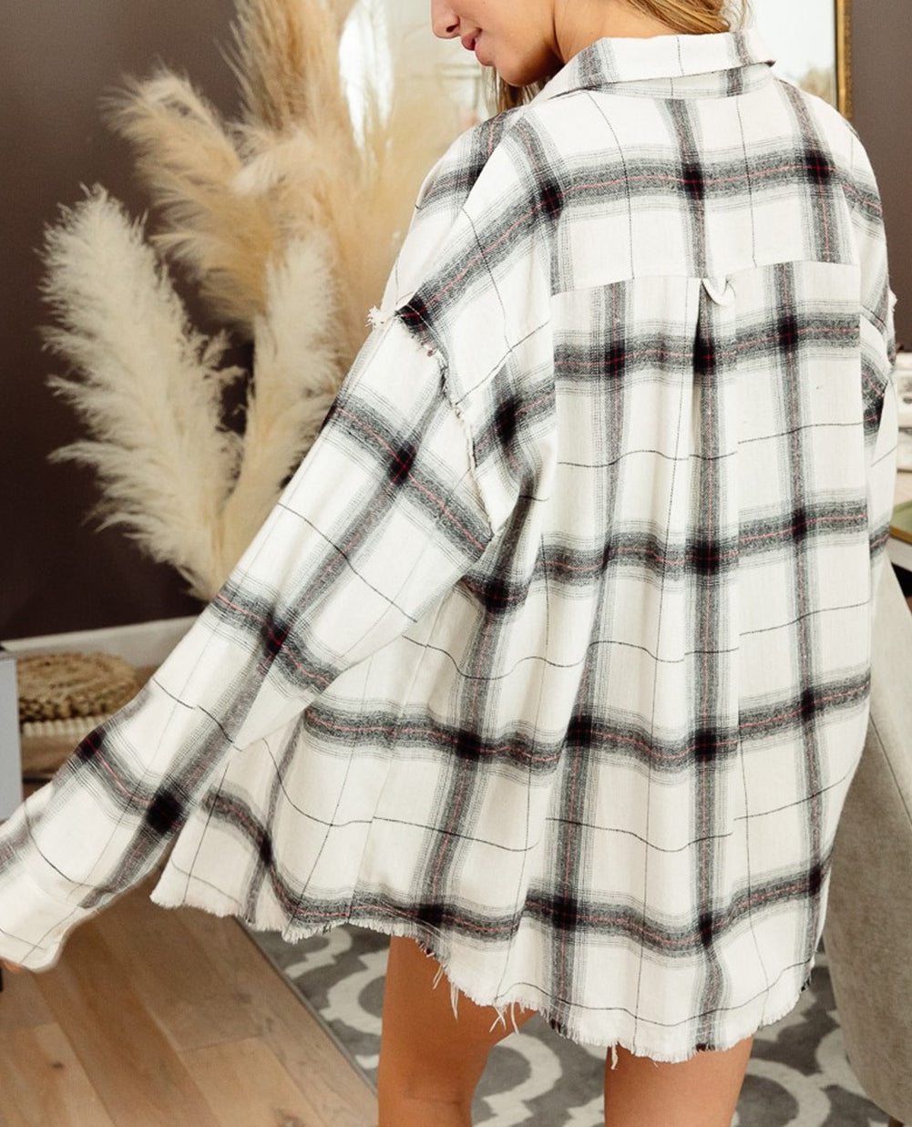Plaid Raw Hem Button up Jacket with Pocket