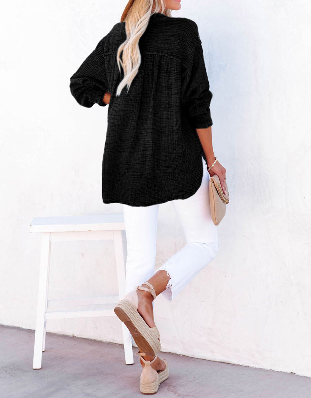 Crinkle Textured Loose Henley Top