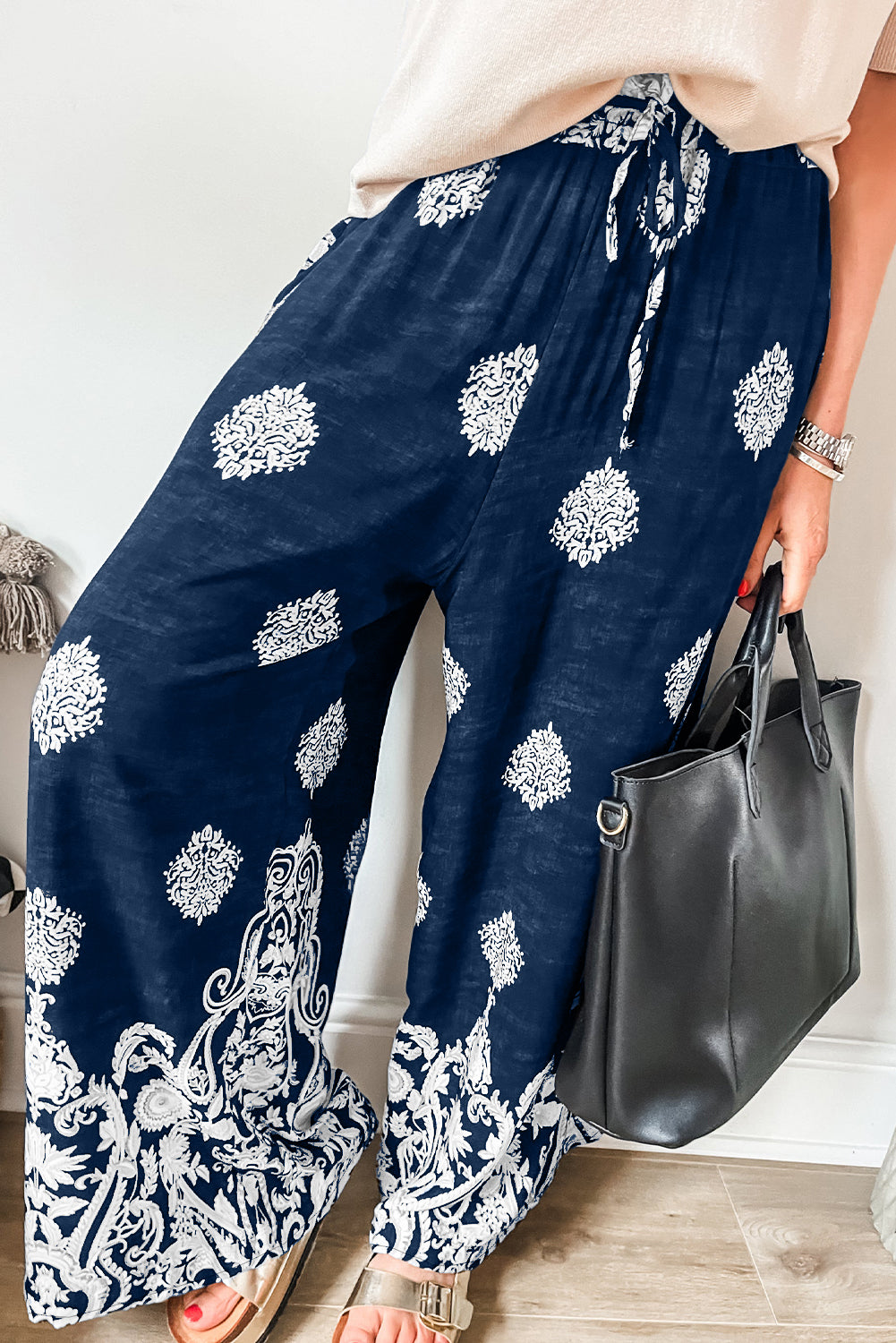 Bohemian Printed Drawstring Waist Wide Leg Pants