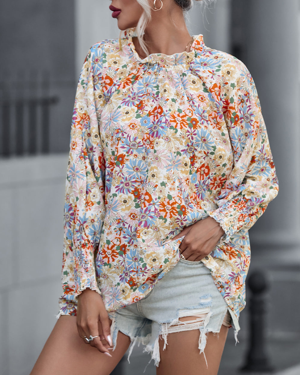 Shirred Cuffs Bubble Sleeve Floral Blouse