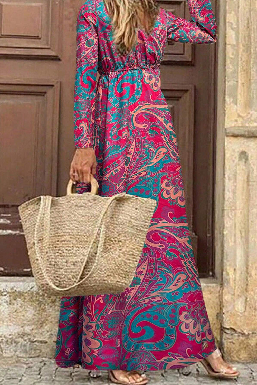 Floral Print V Neck Wrap High Waist Maxi Dress