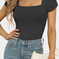 Black Overlap Short Sleeve Square Neck Bodysuit
