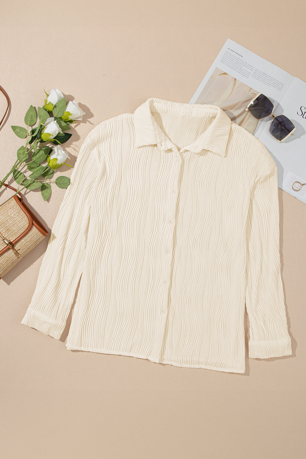 Solid Textured Buttoned Turn Down Collar Shirt