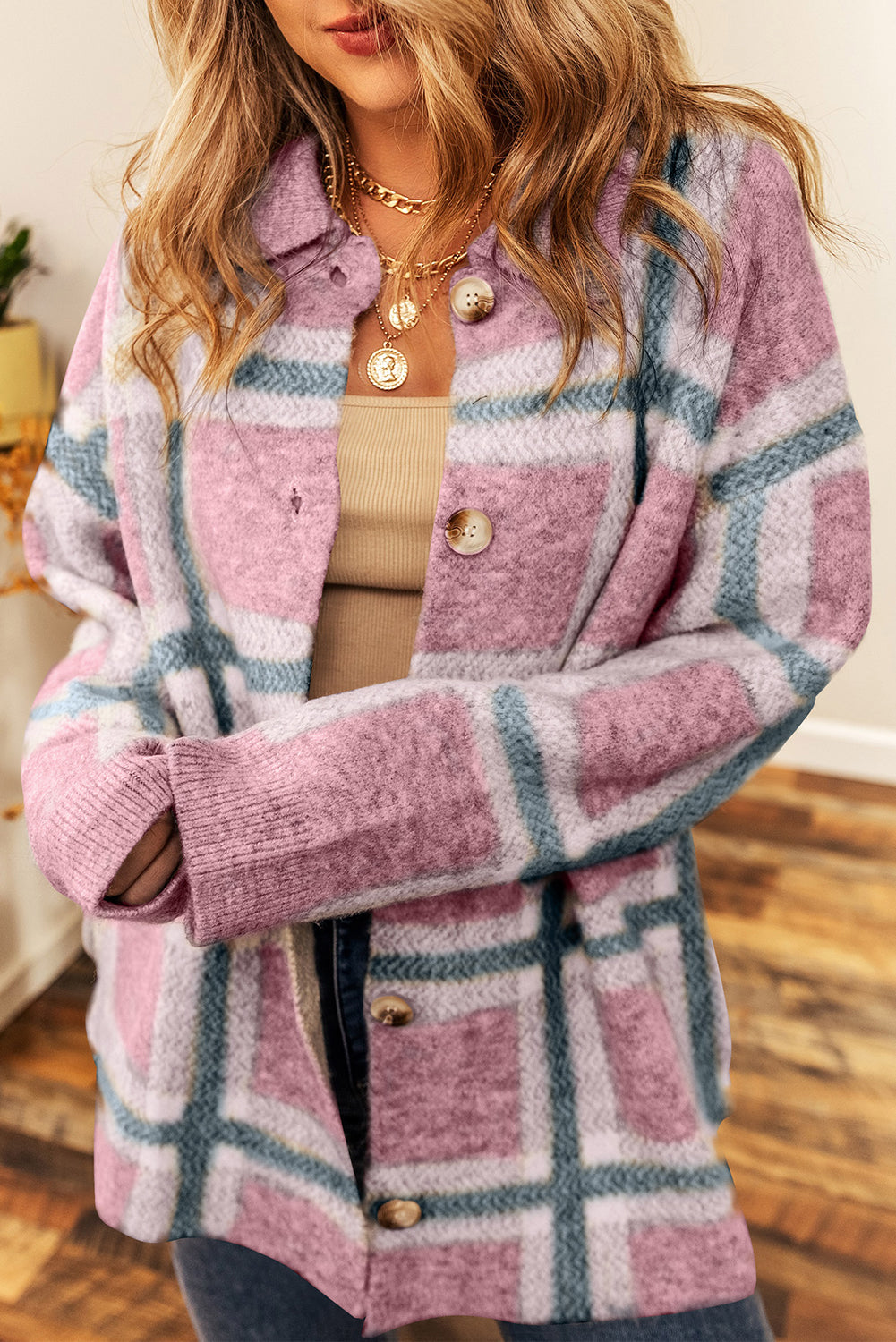 Fuzzy Plaid Collared Button Up Cardigan