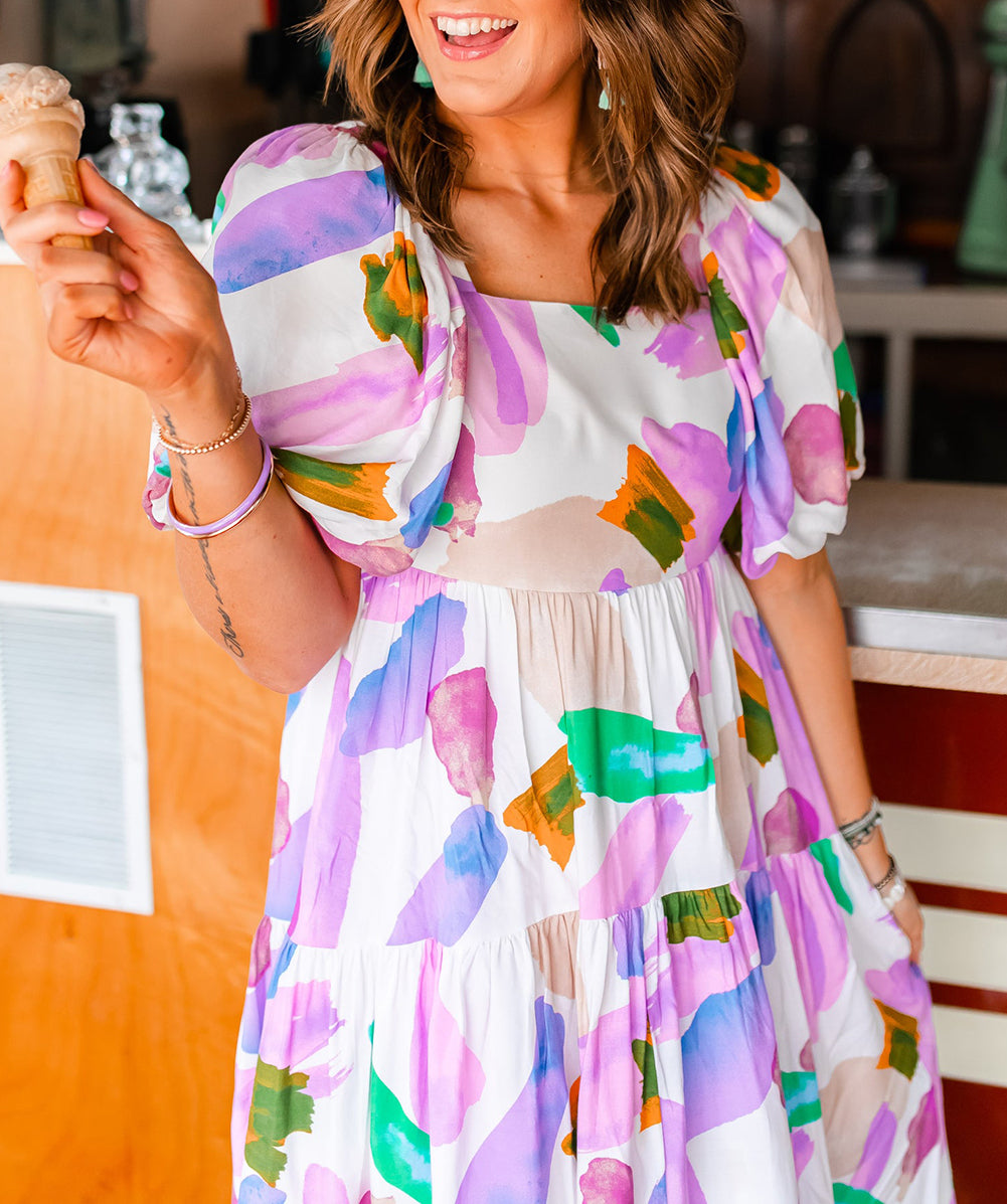 Abstract Print Puff Sleeve Smocked Back Midi Dress