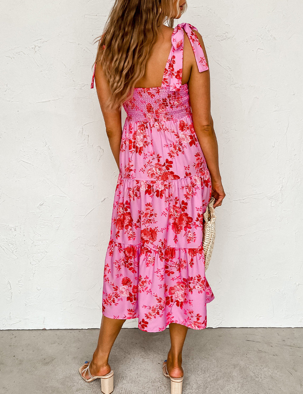 Tie Shoulder Straps Tiered Floral Dress