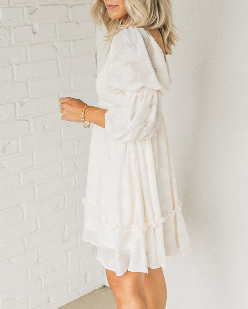 Jacquard Square Neck Bubble Sleeve Dress