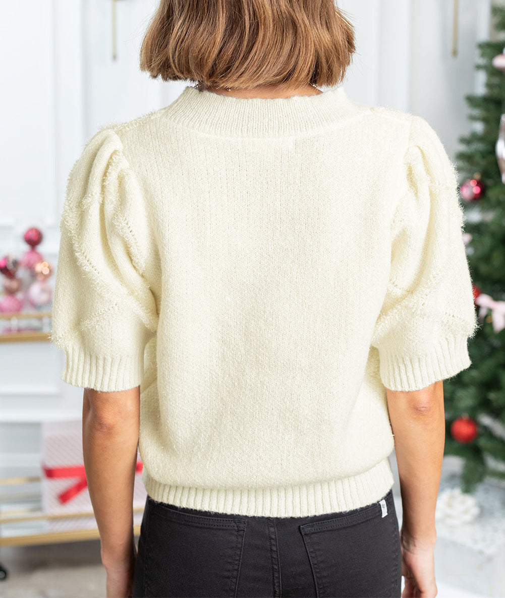 Rhombus Pattern Ribbed Trim Short Sleeve Sweater