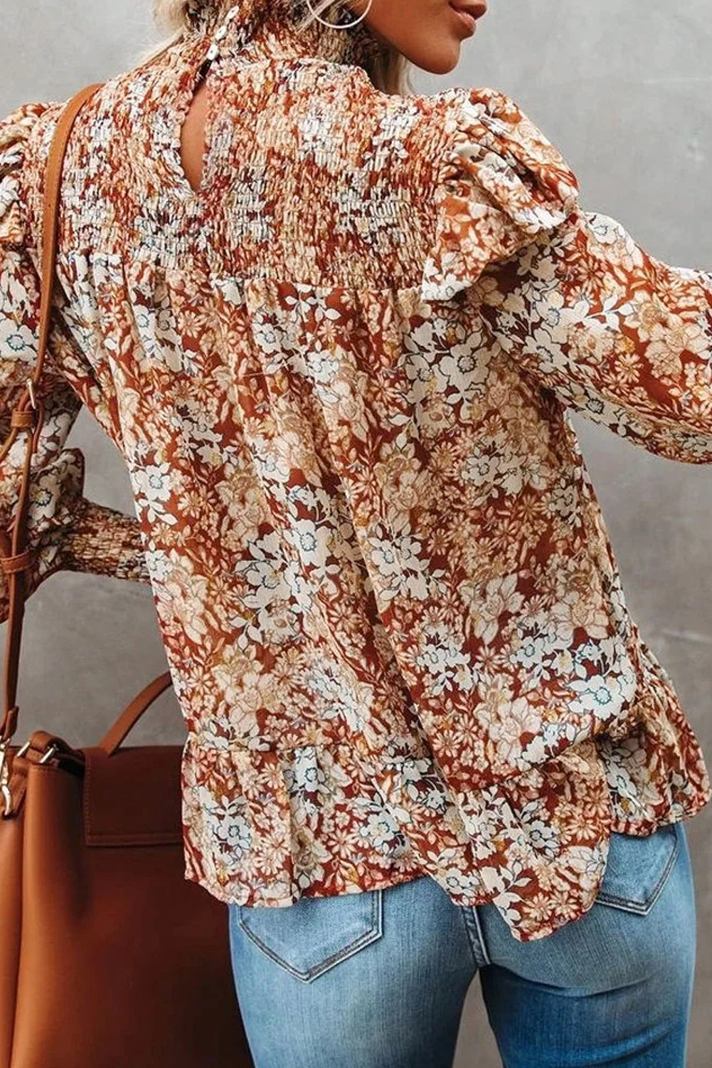Flame Floral Smocked Sleeve High Neck Ruffled Blouse