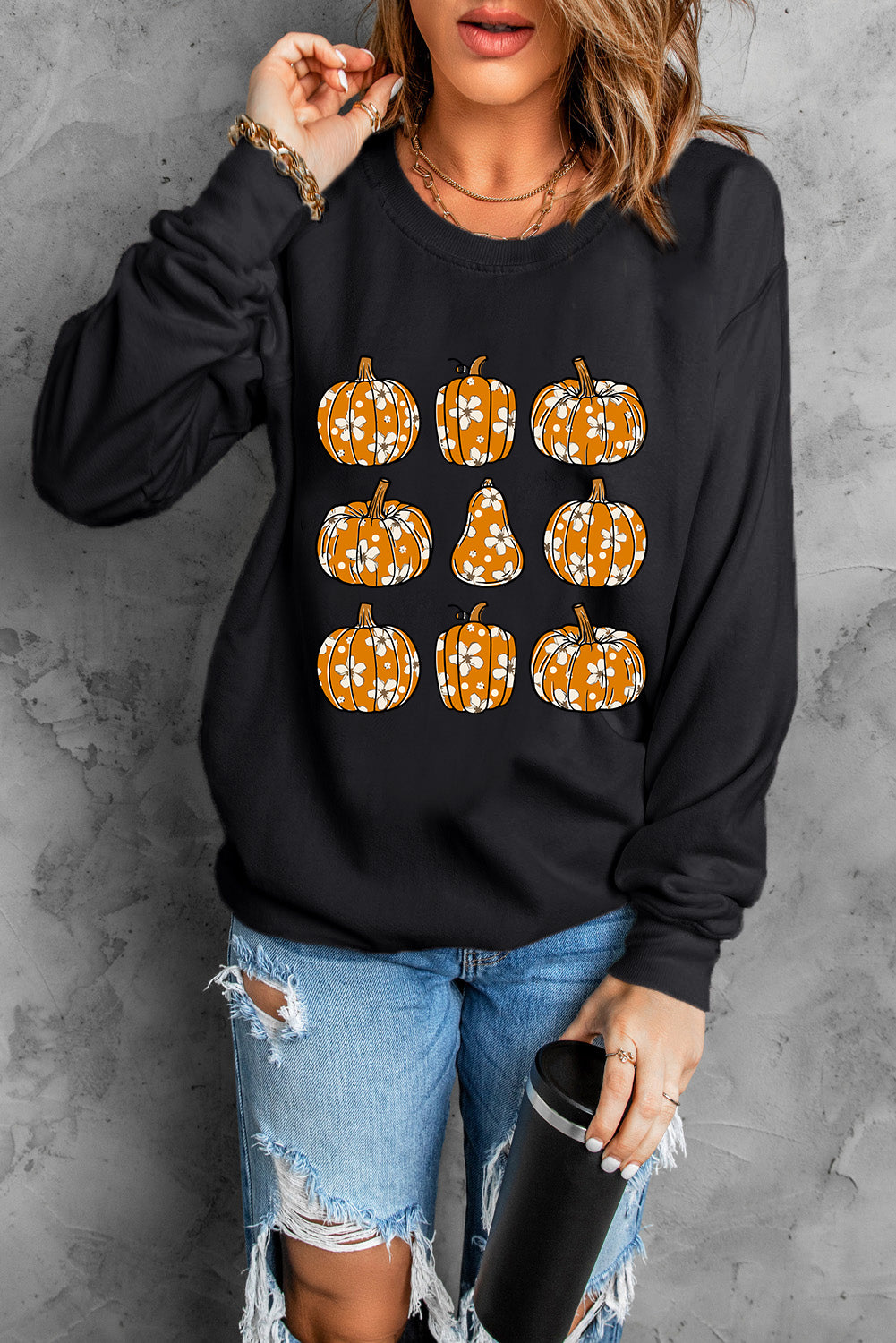 Floral Pumpkin Graphic Round Neck Halloween Sweatshirt