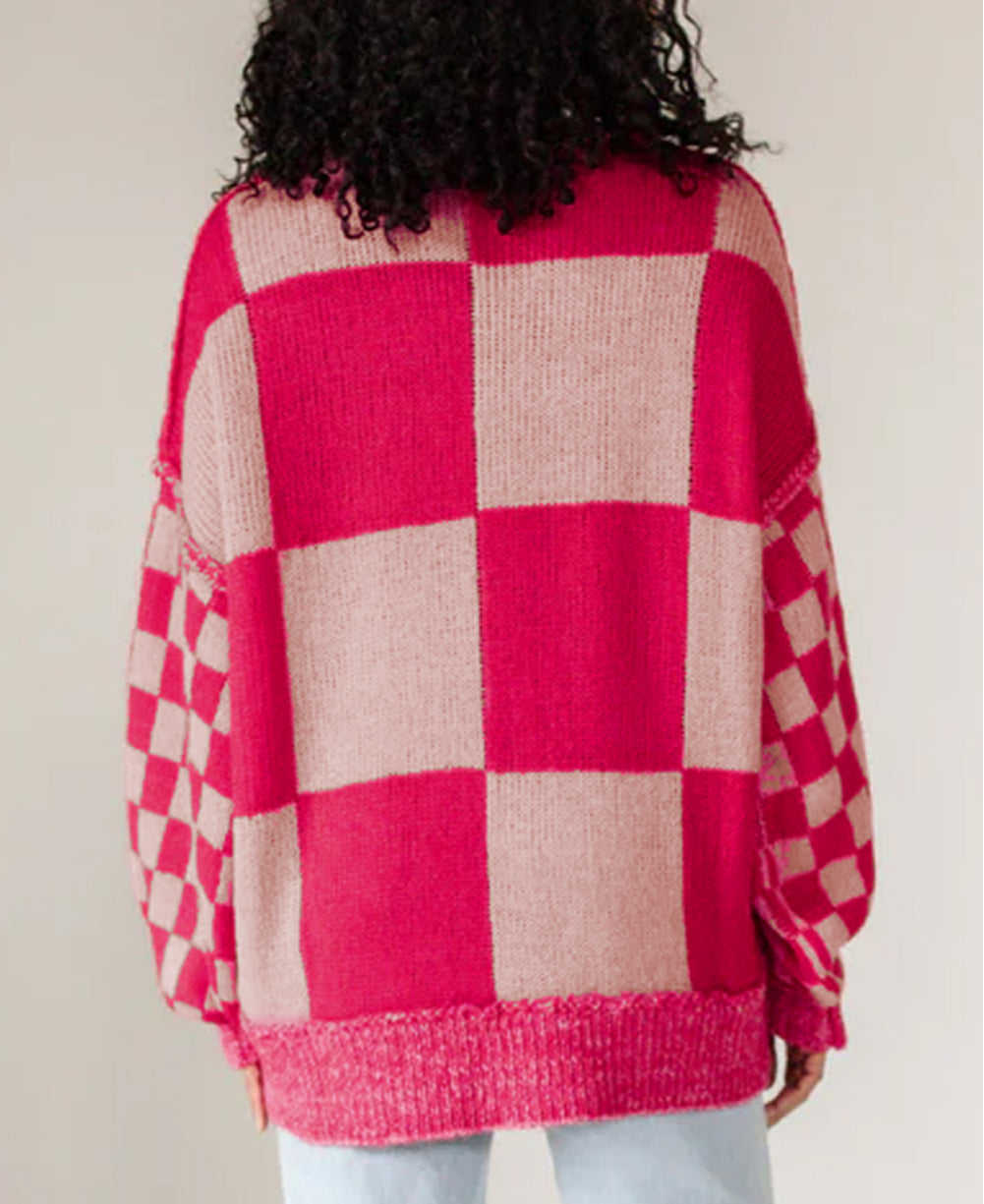 Mixed Checkered Pattern Drop Shoulder Loose Sweater